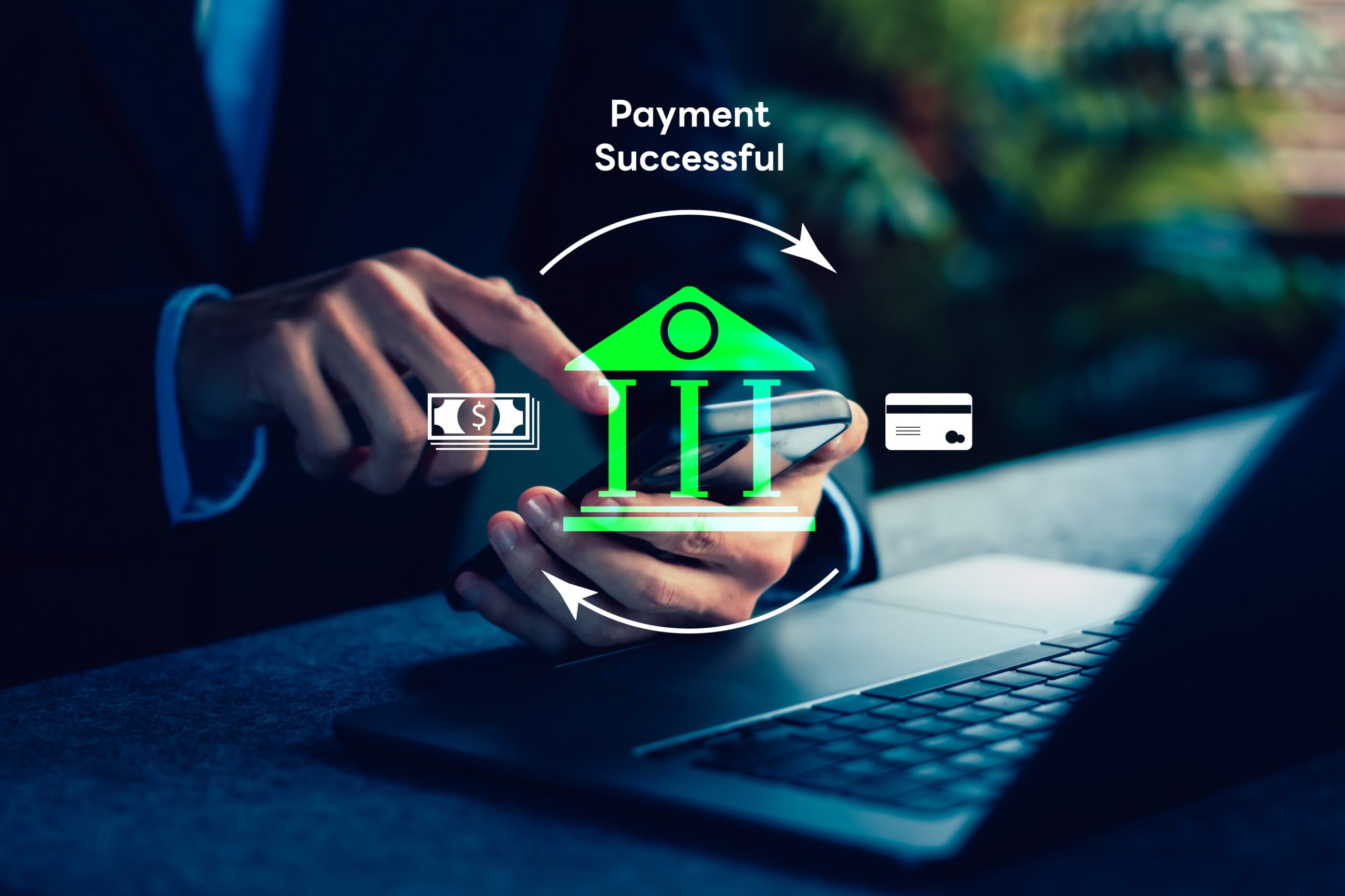 A businessman sees a successful recurring payment made in a monthly subscription payment system.