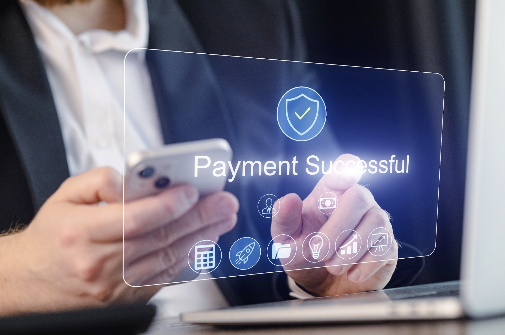 Stylised image of a businessman making a successful payment with a payment button on a website.