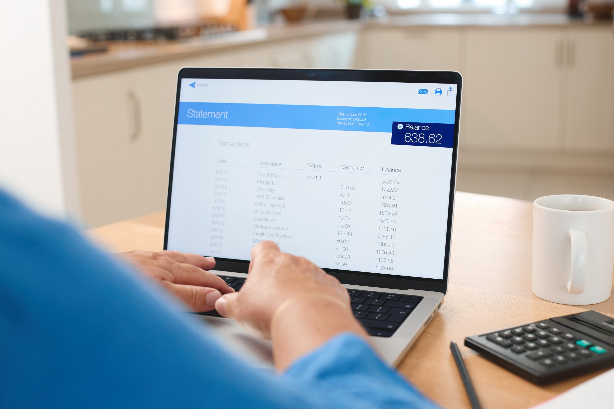 SME owner checking transaction statement to reconcile payments on laptop 