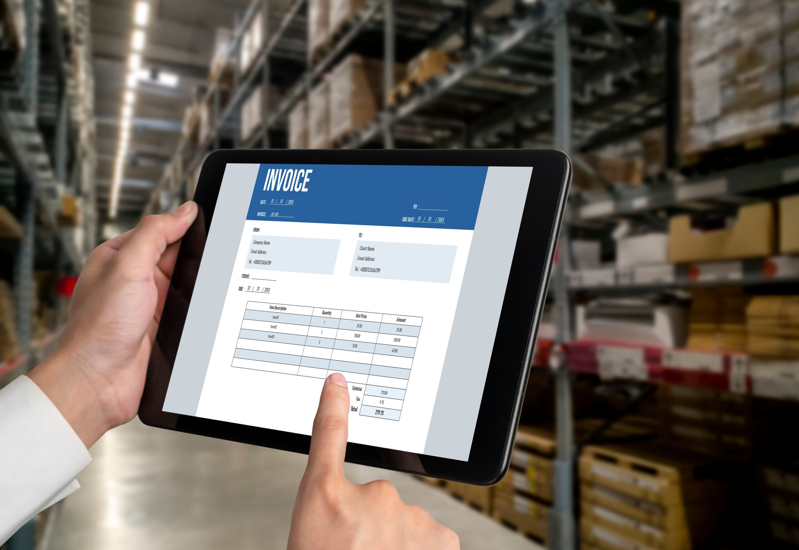 Hands holding a tablet displaying a digital invoice with itemised details 